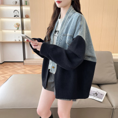 牛仔拼接毛衣女装外套秋冬新款宽松慵懒针织开衫设计感简约上衣