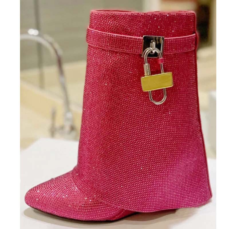 2026 Foreign Trade Fashion European and American Winter New Style Round-Toe Wedge Heel Super High Heel Large Size Rhinestone Knee-High Short Boots