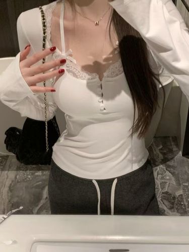 Pure Desire Windproof Fleece Lace Splicing Bow Tie T-Shirt for Women Autumn and Winter Base Layer Top Slim Short Sleeve Warm Up Top for Women