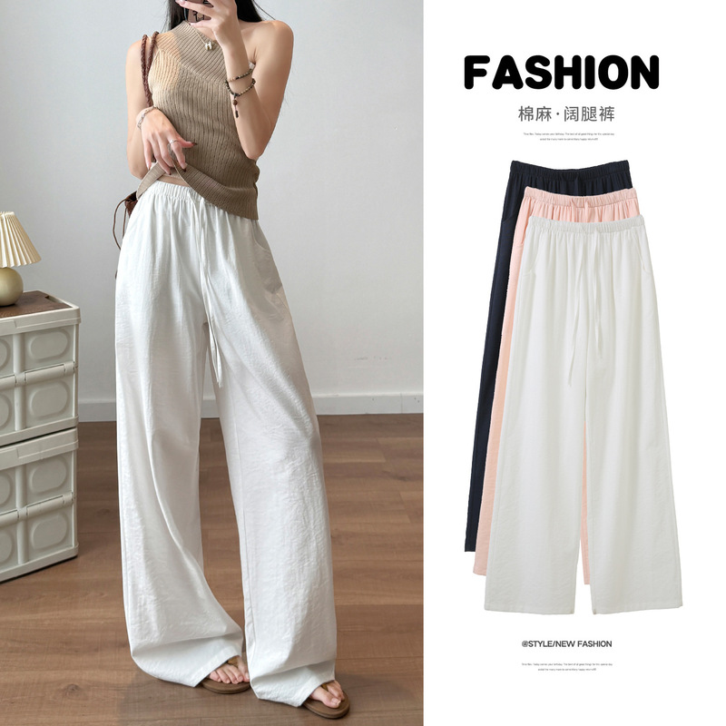White Linen-Like Wide-Leg Pants for Women, Spring 2026 New Style, High-Waisted, Comfortable, Petite-Friendly, Loose Straight-Leg Drawstring Casual Pants White Linen-Like Wide-Leg Pants for Women, Spring 2026 New Style, High-Waisted, Comfortable, Petite-Friendly, Loose Straight-Leg Drawstring Casual Pants