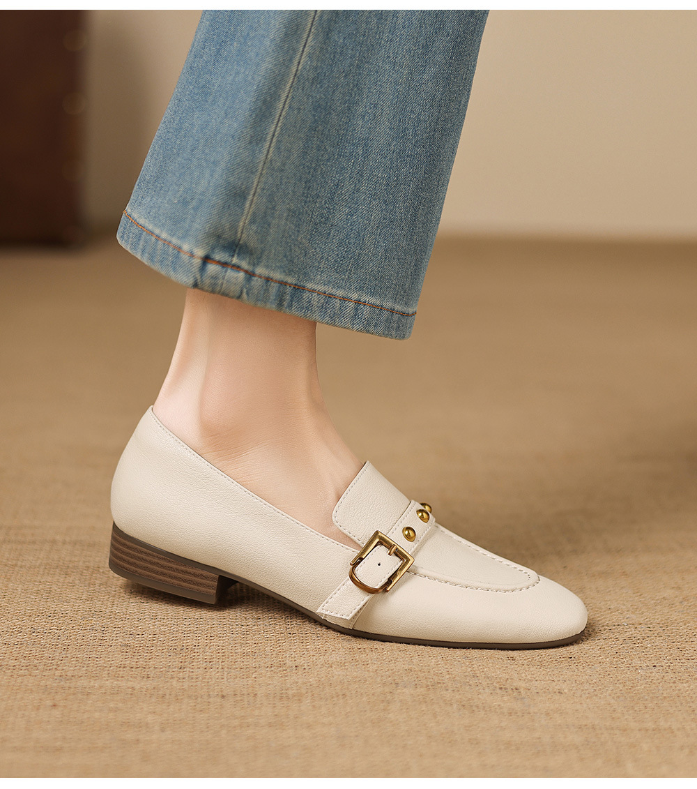 Giày da cừu loafer nữ mũi tròn gót thấp đinh tán — đen chi tiết 15