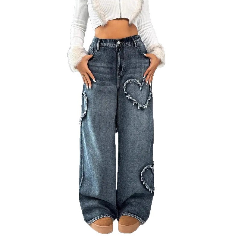 European And American Cross-Border Street Retro Heart Frayed Edge Patchwork Heavy Washed Denim Women's Loose Straight_ecoleips.com