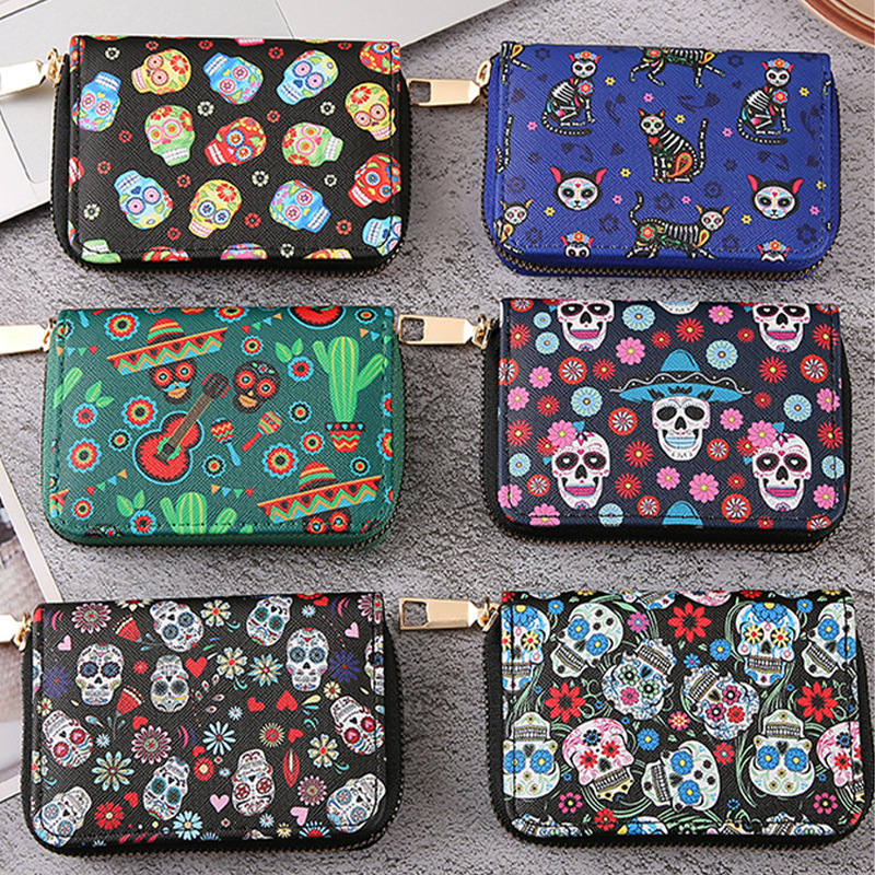 2024 Halloween Special Fashion Bag Gothic Skull Multi-Card Slot Wallet with Zipper Pu Card Bag