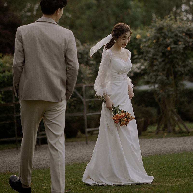 Light Wedding Dress 2026 New Korean Style Elegant Slimming Forest Style Going-Out Dress White Simple Small Train Satin Gown