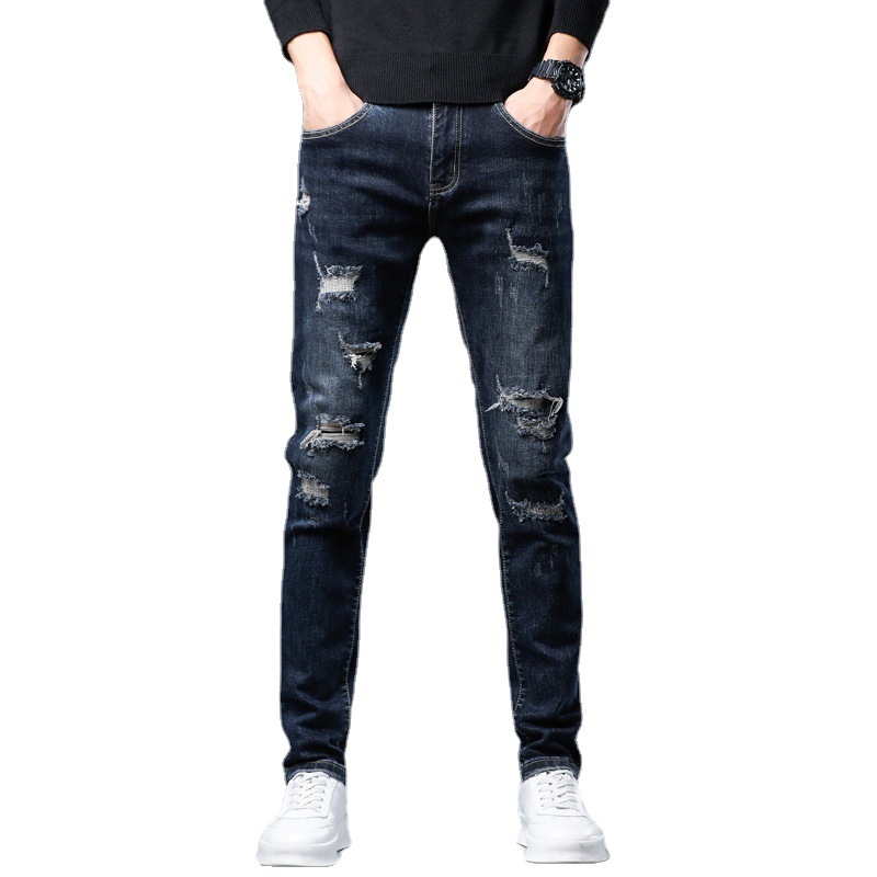 Xintang nuevo rasgado bordado jeans de estilo coreano de los hombres de moda estiramiento adelgazante Delgado casual pequeños pies pantalones largos hombres