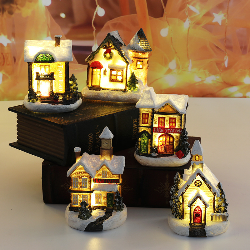 Cross-border New Christmas Decorations Resin Small House Micro Landscape Resin House Christmas Creative Luminous Small House_voghion.com