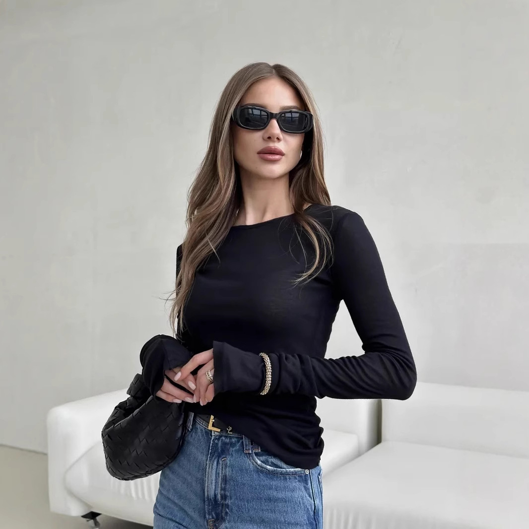 2024 otoño nuevo estilo europeo y americano transfronterizo ropa de mujer de color sólido moda delgada cuello redondo corno camiseta de manga larga camiseta mujer