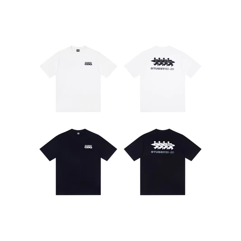 Cross-Border Exclusive Supply of Trendy Brand Stu Stussy Cdg Collaboration Letter Print Double Yarn Pure Cotton Short-Sleeve T-Shirt Couple's Style