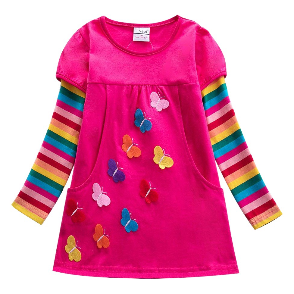 Las niñas de comercio exterior de la mariposa bordado de manga larga vestido de Primavera y Otoño nuevo de dos bolsillos Arco Iris manga LH5803