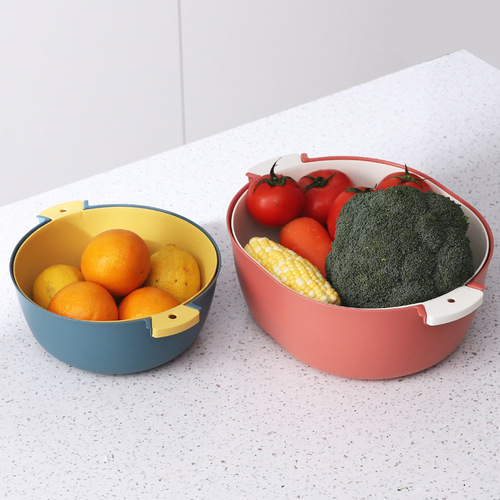 Stylish Double-Layer Drain Basket with Handle, Multi-Purpose Colorful Storage Basket with Star Pattern, Household Kitchen Vegetable Drain Basket