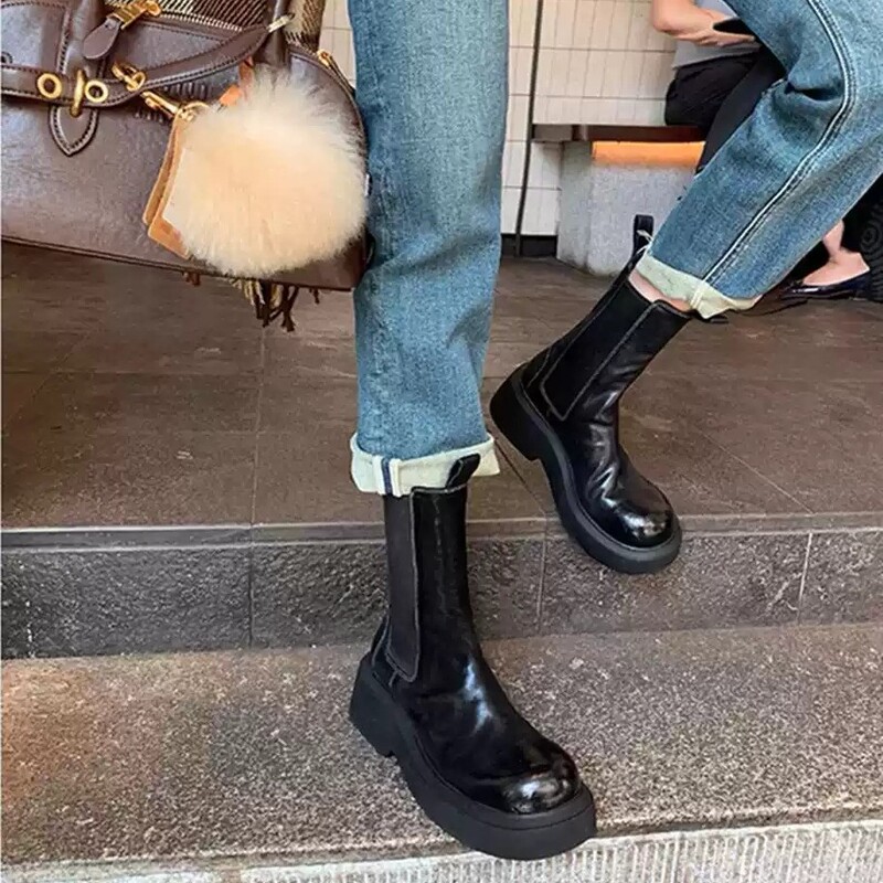 Black Boots for Women in Autumn and Winter Genuine Leather Retro Thick-Soled Chelsea Boots Short Boots Mid-Calf Pleated Chimney Boots Boots