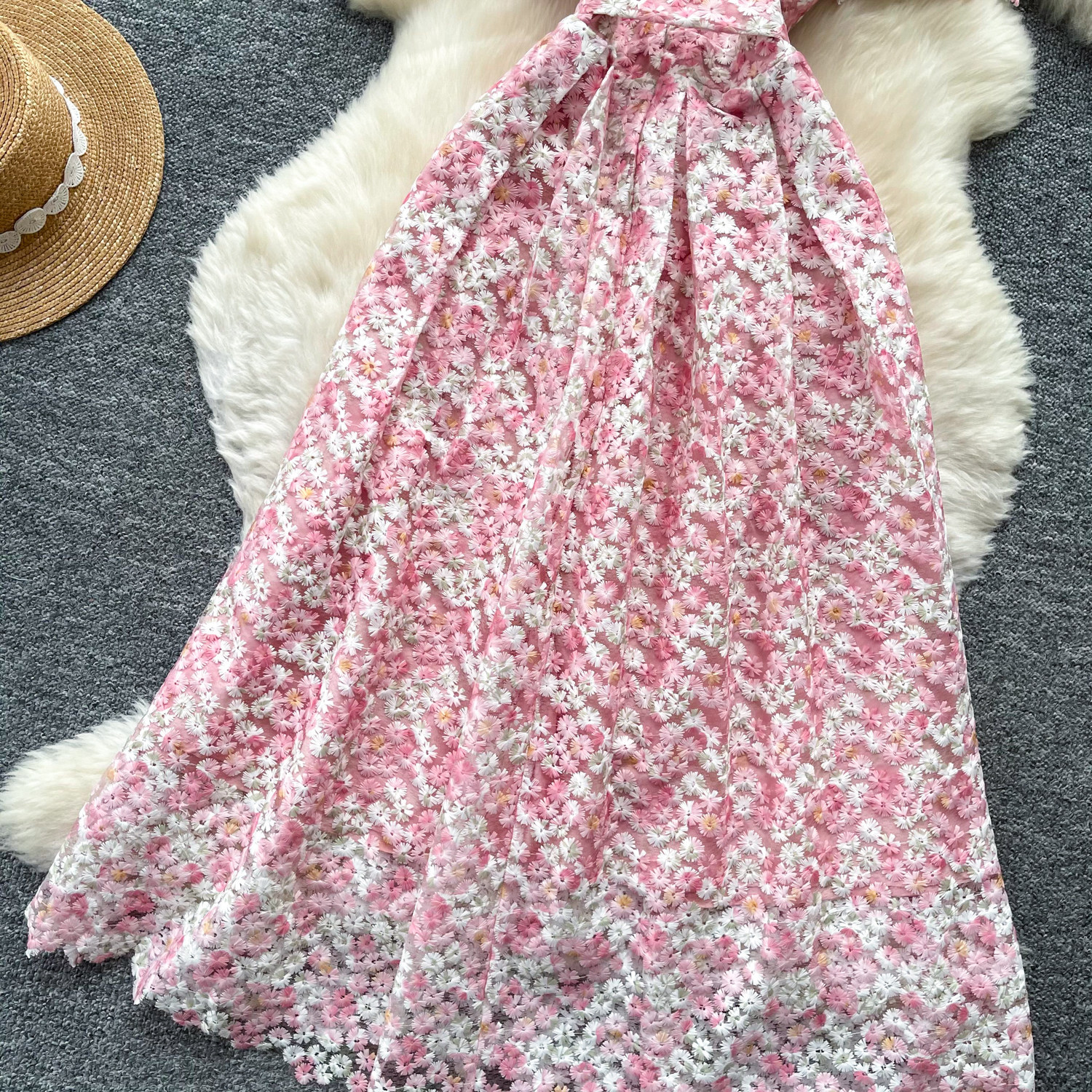Women's Pink Lace Hollow Out Dress Short Sleeved High Waisted A-Line Skirt Elegant Slimming Commute Summer Dress_ecoleips.com