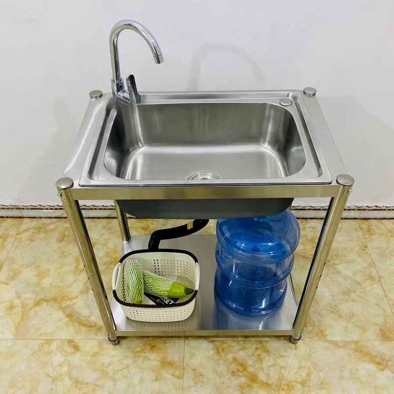 Kitchen Sink Stainless Steel with Bracket Dishwashing Basin Canteen Single-Slot Double-Slot Dishwashing Disinfection Wash Basin Shelf Household