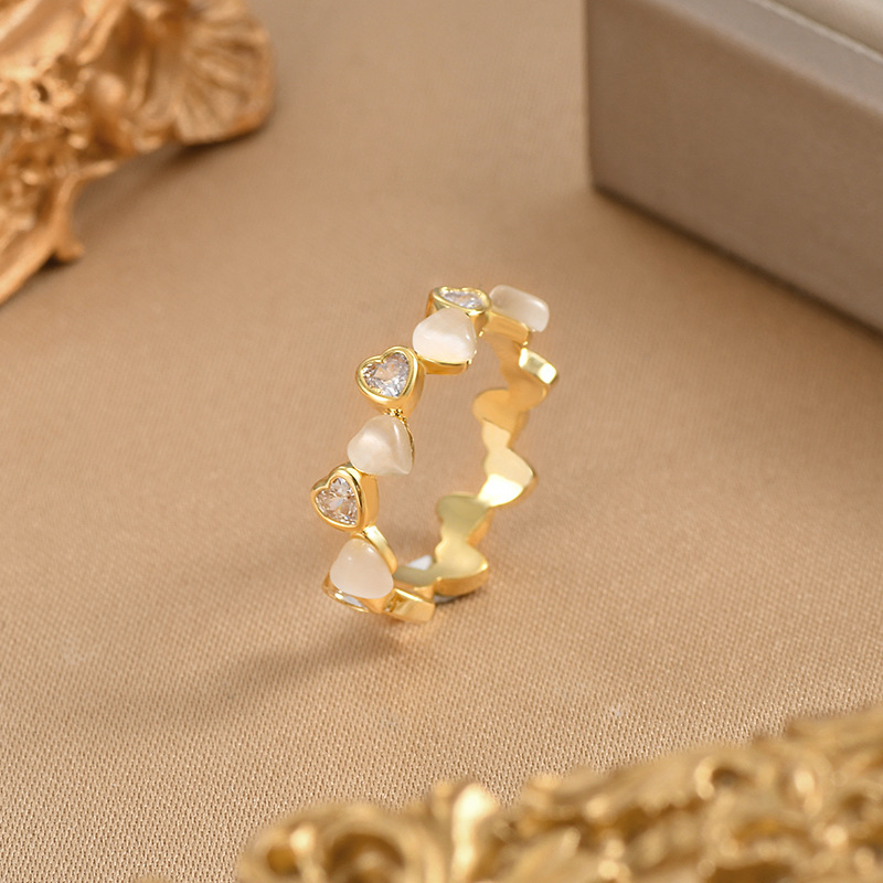 10g Weight Cat's Eye Stone, Zircon Inlay Material Rings Classification Wholesale Jewelry Fashion Heart Shape Copper Cat's Eye Stone Zircon Plating Rings