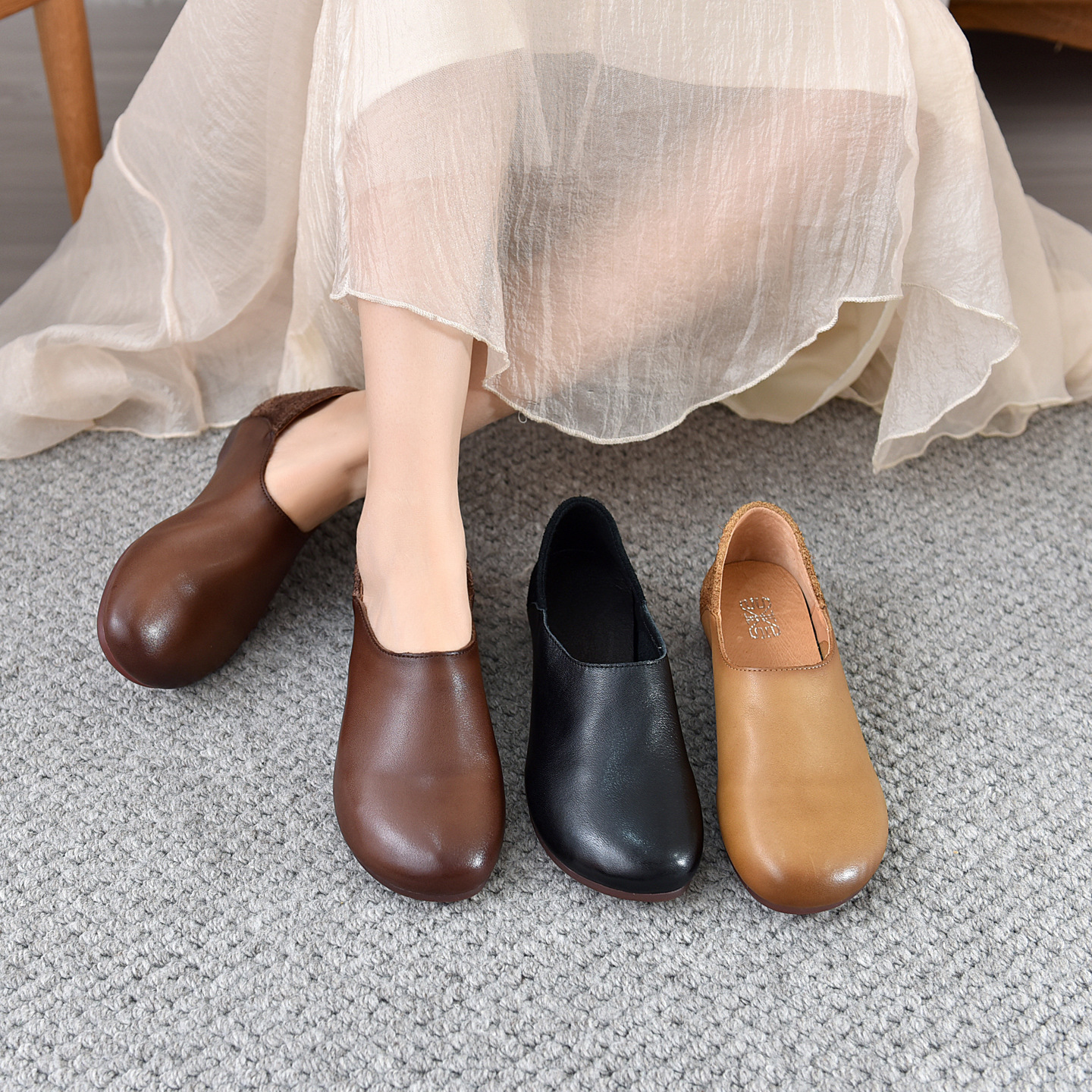 头层牛皮一脚蹬牛筋底单鞋女秋季新款简约风懒人软底软面真皮妈妈