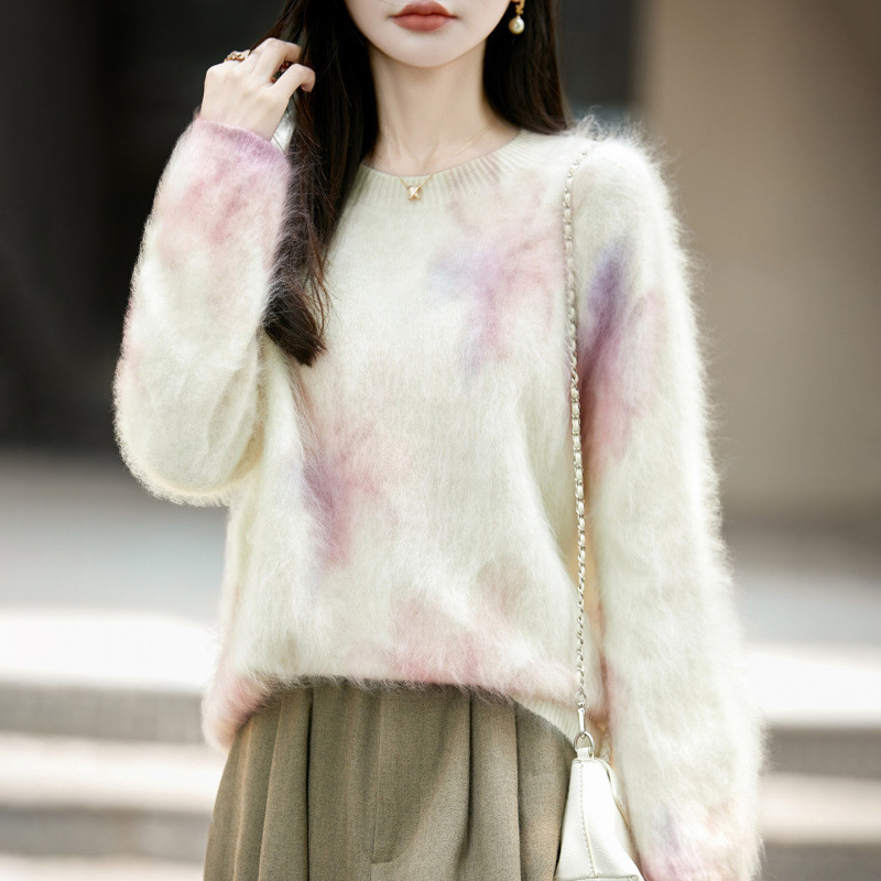 New autumn and winter women's knitwear, round-neck, brushed, seamless, printed wool sweater, loose-fitting outerwear, women's base shirt