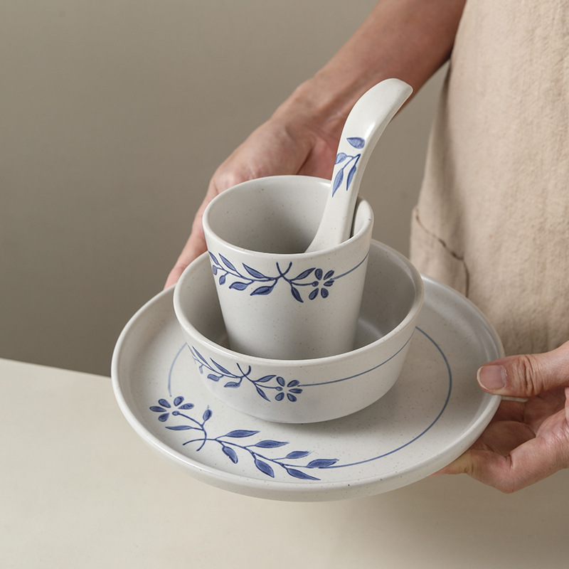 青花摆台三件套手绘台面餐具简约日式料理店碗碟子勺杯四件套批发