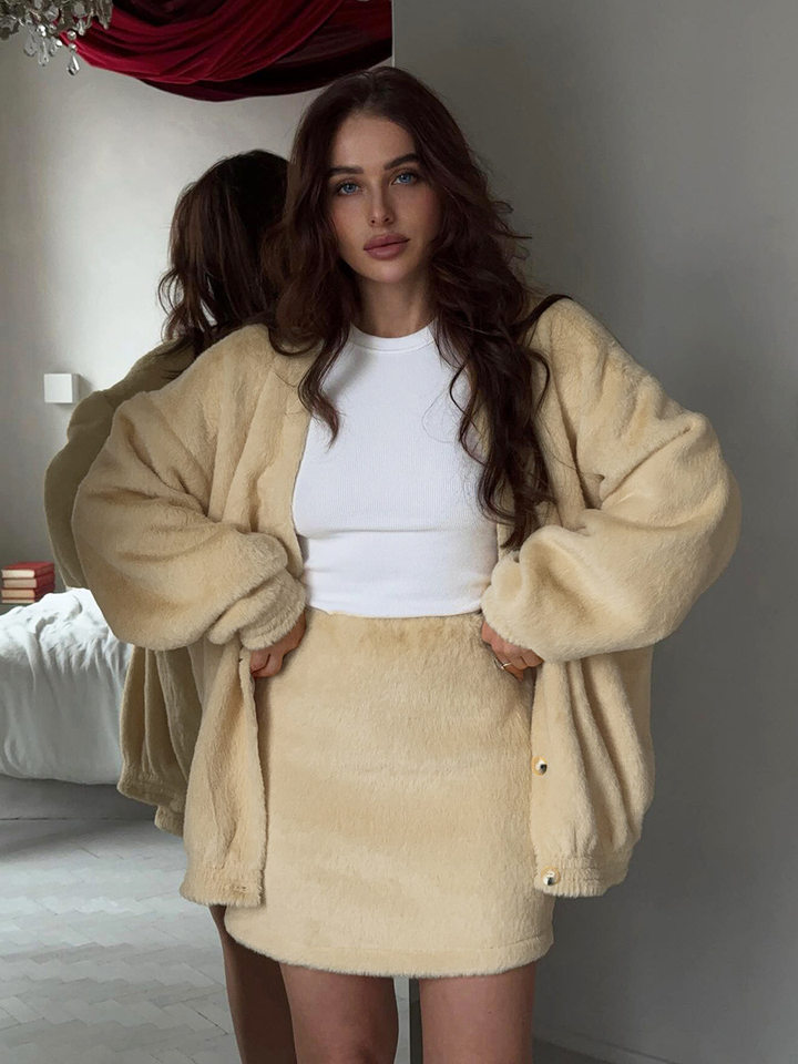 Bộ đầm nữ áo cardigan dệt kim lông mềm tay dài phối chân váy ngắn — Kaki chi tiết 7