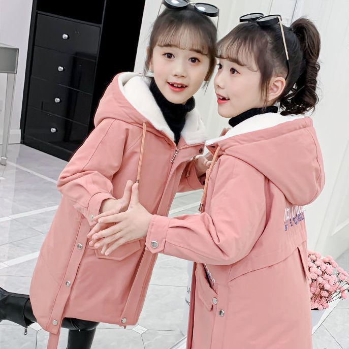 2023-pigers vinterbomuldsjakke med plys og tyk frakke, længde, medium til stor børnetøjsstil,_voghion.com