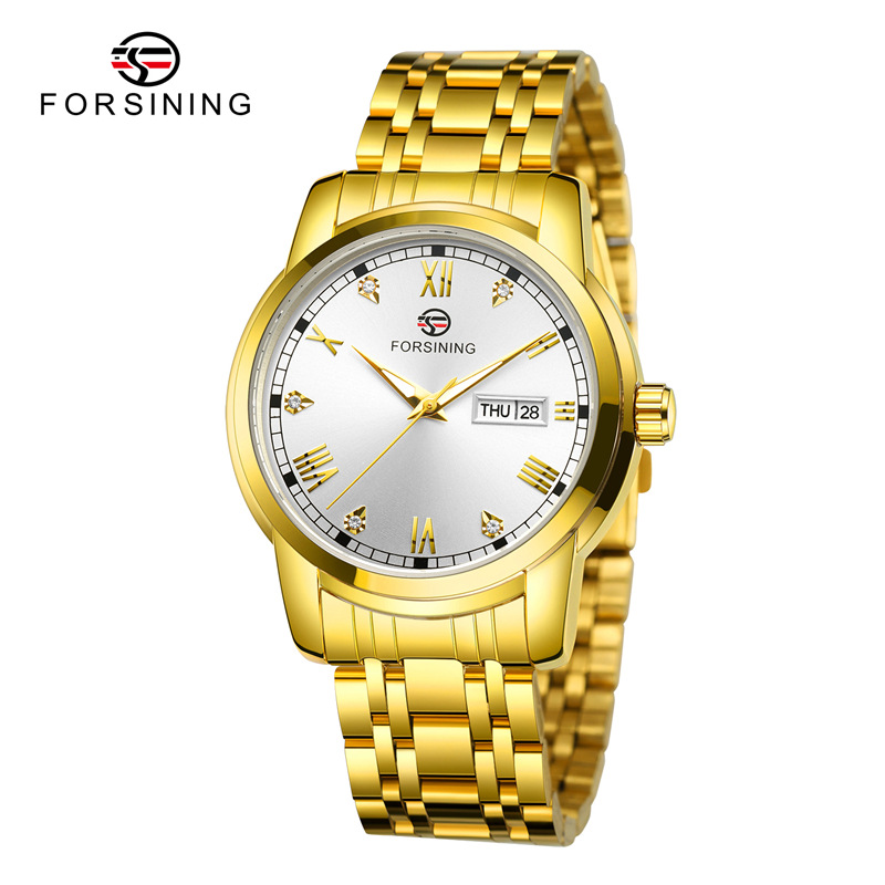 Forsining Fusini 8221 correa de acero reloj casual para hombres reloj mecánico automático calendario semana reloj