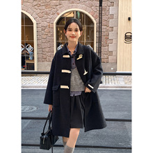 衣尔衫 韩系少女 羊毛大口袋牛角扣双面呢外套女中长款大衣0591