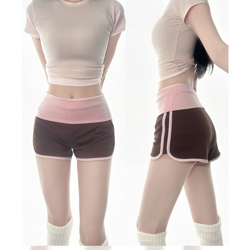 American-Style Pink and Coffee Color-Blocking Sports Shorts for Women, Summer 2026 New Hot Girl Style, Patchwork Waist, Fitness Yoga Hip-Hugging Hot Pants American-Style Pink and Coffee Color-Blocking Sports Shorts for Women, Summer 2026 New Hot Girl Style, Patchwork Waist, Fitness Yoga Hip-Hugging Hot Pants