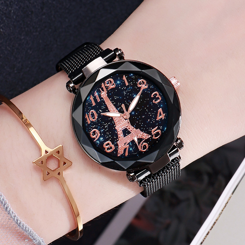 Venta caliente de la moda de la Torre Eiffel Starry Sky Digital reloj de mujer de absorción de hierro magnético perezoso reloj de piedra absorbente de hierro