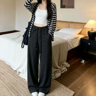 韩系抽绳阔腿裤女秋季2026新款慵懒风高腰宽松显瘦直筒休闲拖地裤