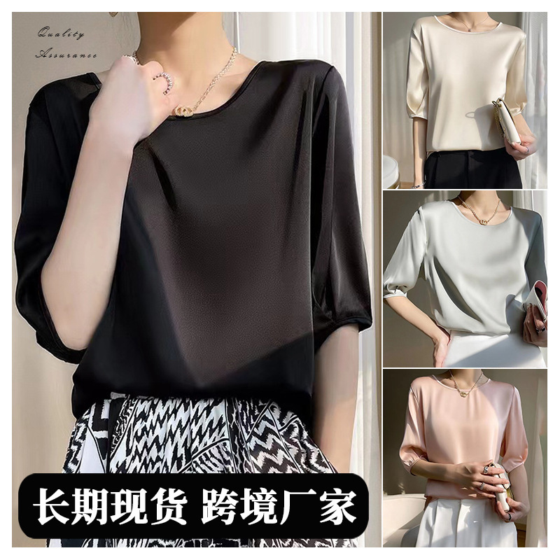 Camiseta de seda de cinco puntos para mujer verano nuevo temperamento diseño suelto camiseta de manga media top de cuello redondo