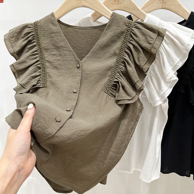 Chiffon lace shirt female small flying sleeve French ruffled v-neck clavicle high sense sleeveless shirt women_ Chiffon lace shirt female small flying sleeve French ruffled v-neck clavicle high sense sleeveless shirt women_