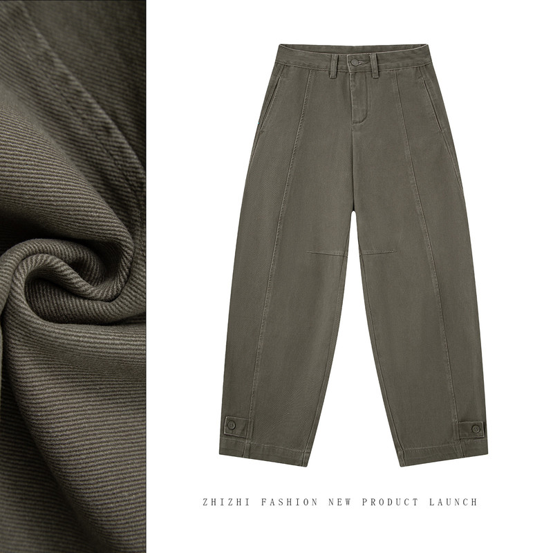 Curved Hem Jeans for Women, 2026 Spring New Arrivals, American-Style Olive Green Long Pants, High-Waisted Patchwork, In-Stock Wholesale