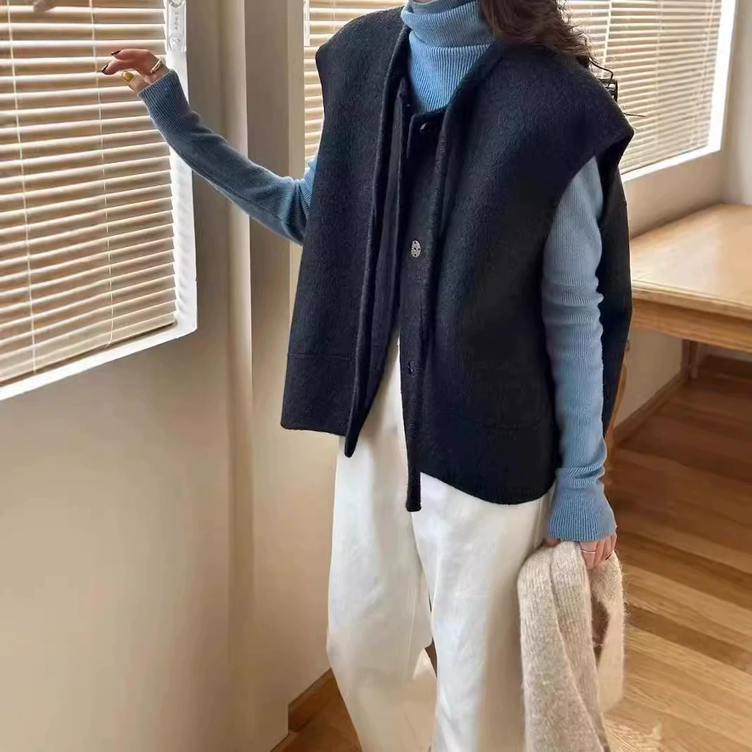 Носить артефакт двухсторонняя шерстяная корейская двухсторонняя шерстяная жилет женский 2024 осенний жилет шерстяной конский жакет без рукавов