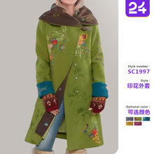 2025秋冬新款欧美跨境外贸女装亚马逊中长款印花上衣长袖呢子外套