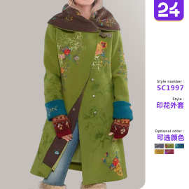 2025秋冬新款欧美跨境外贸女装亚马逊中长款印花上衣长袖呢子外套