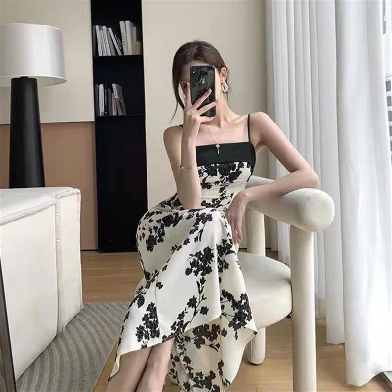 Black & Cream Floral Slip Dress for Women Summer Wear