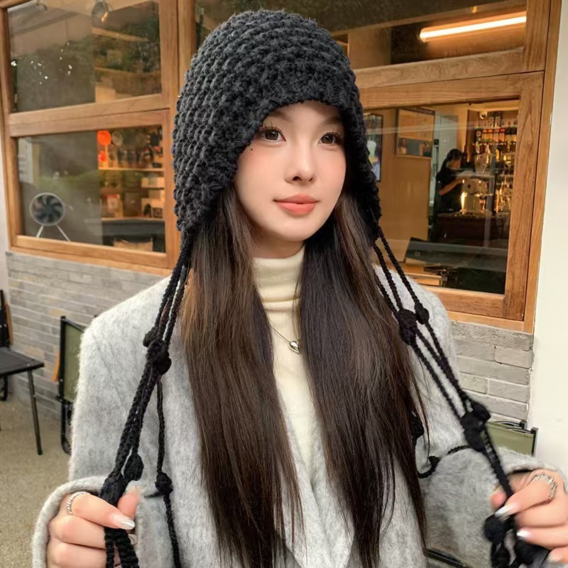 新款韩版民族时尚纯手工流苏多巴胺彩色球球毛线帽子女保暖包头帽|undefined
