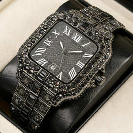 欧美爆款罗马刻度手表 高档时尚嘻哈手表 镶钻满钻方形男士手表