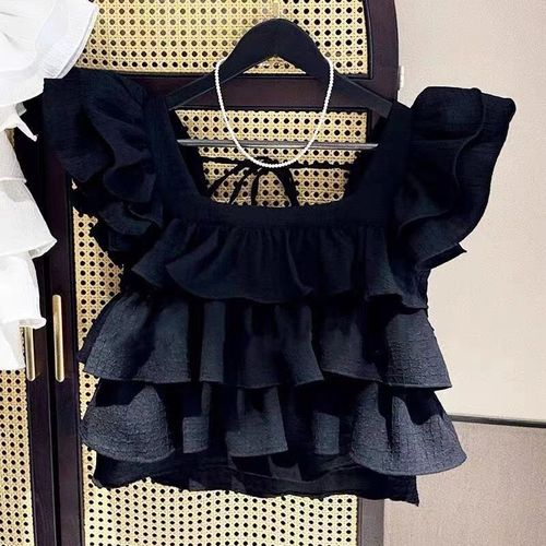 Girls' Summer Vest, Korean-style Fashionable Ruffled Cake-Design Flared-sleeve Shirt—Solid-color Top for Older Kids and Teens