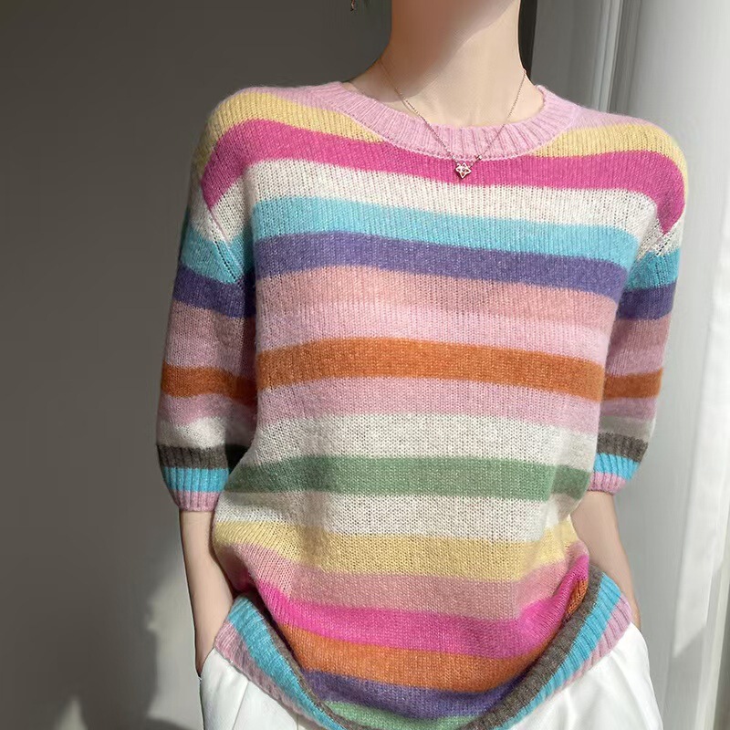 Consinee Mulberry Silk Cashmere Rainbow Striped Knitted Short Sleeve Top Thin Round Neck Quarter Sleeve Bottoming Shirt New Style