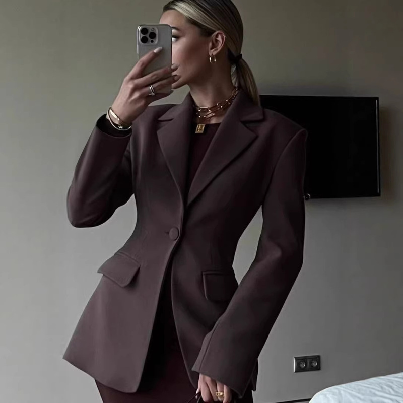 Early Autumn European and American Style Waist-Cinching Blazer for Women, Elegant Coffee Color, Slim Fit, Slimming, Commuter Blazer, Foreign Trade Cross-Border