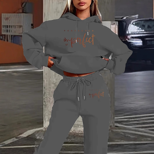 Factory Stock 2025 Hot Trend Cross-border European and American Women's Clothing Letter Print Hooded Sweatshirt and Fashion Casual Pants Set