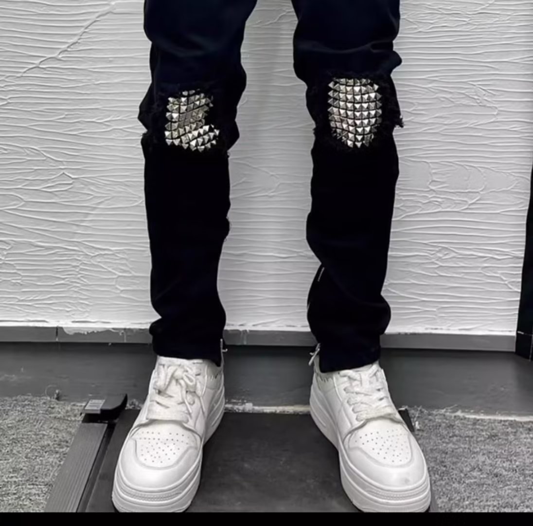 Men's Rivet Slim Fit Jeans Trendy Brand Black With Split Cuffs And Zipper Design Versatile Casual Stretch Skinny Long_viptrois.com