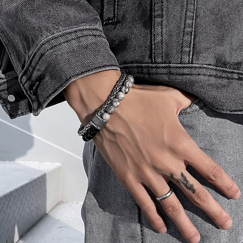 New European and American frosted map Stone Bracelet Men's double-layer beaded otbuckle transfer beads titanium steel all-match bracelet jewelry fashion New European and American frosted map Stone Bracelet Men's double-layer beaded otbuckle transfer beads titanium steel all-match bracelet jewelry fashion