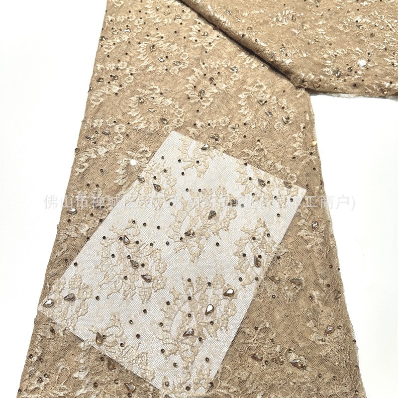 Champaña oro pesado clavos tela de encaje goteo taladro de mano encaje cosido tela de vestido de boda alta