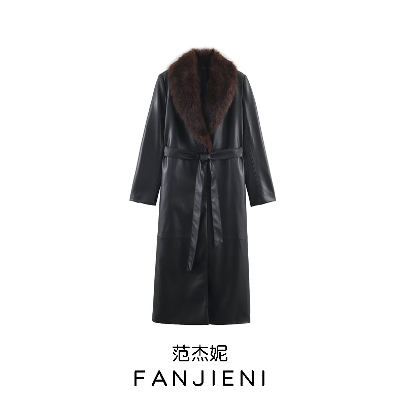 Zr Export Wholesale European and American Style Women's Clothing Fashionable Artificial Leather Effect Detachable Collar Coat 8490762