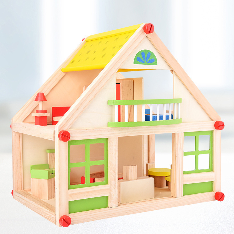 儿童木质过家家黄色娃娃房木制玩具迷你家具拼装男孩女孩益智玩具