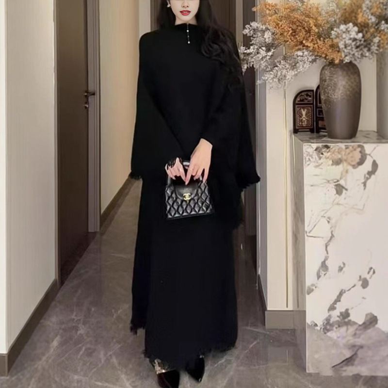 跨境针织套装女2025秋冬新款气质流苏一字肩上衣+高腰半裙两件套|undefined