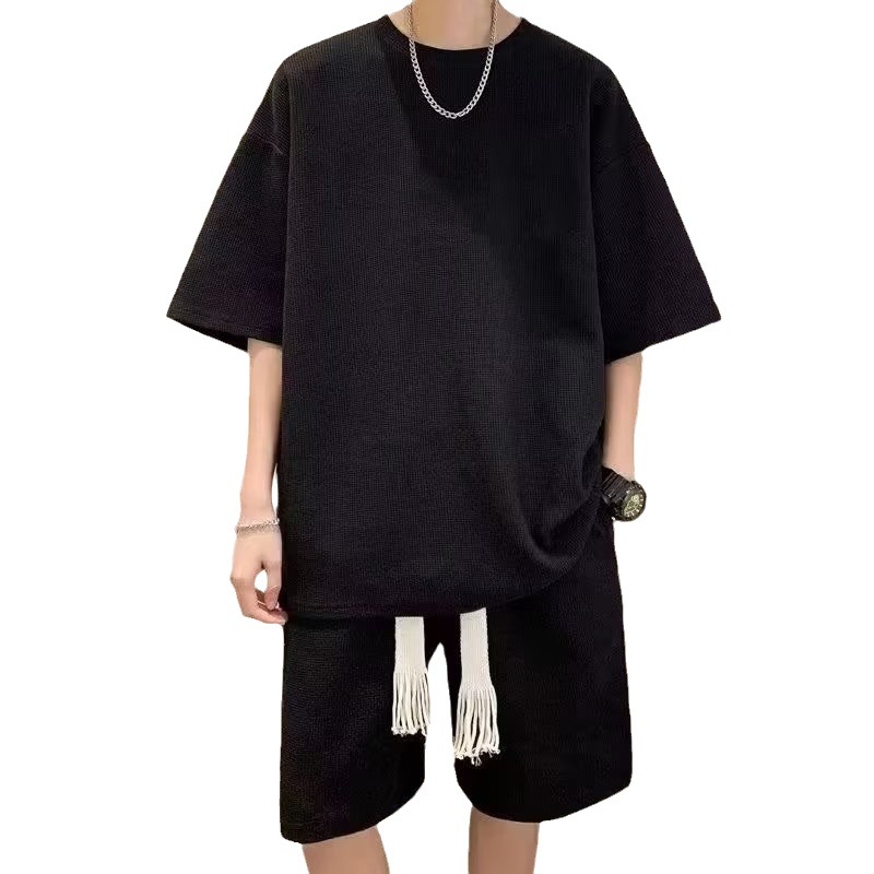 Estilo japonés waffle más tamaño traje juvenil verano casual deportes pantalones cortos de manga corta Camiseta de los hombres marca de moda de dos piezas conjunto