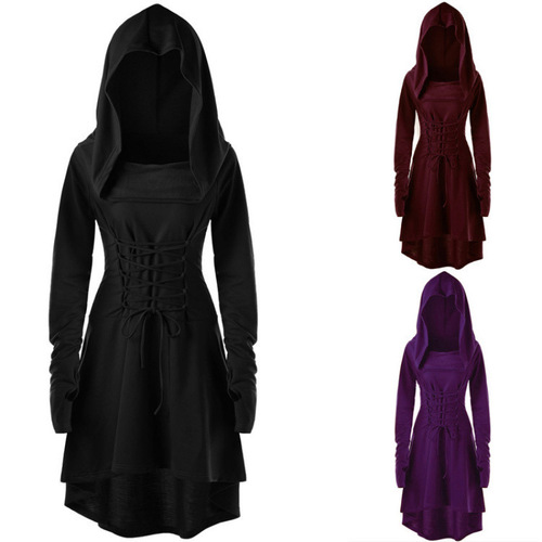 Ebay Western and Foreign Women's Solid Color Festival Performance Dress Long Sleeve Hooded Belted Dress