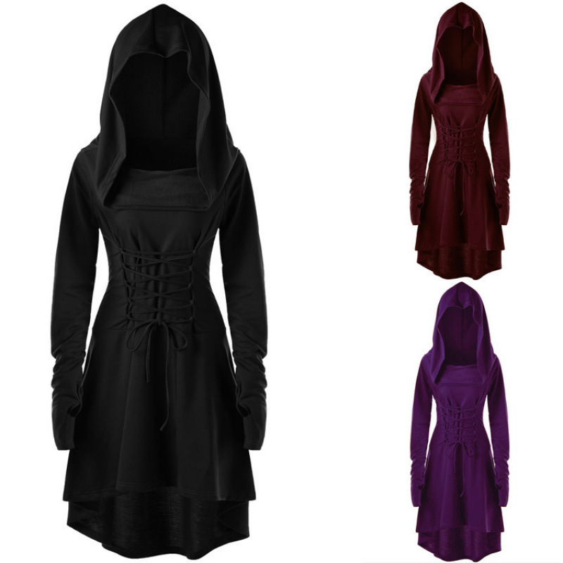 Ebay European and American Export Popular Women's Pure Color Holiday Performance Wear Long-Sleeved Hooded Strap Dress